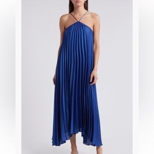 Mango Blue A-Line Maxi Dress Pleated High-Low